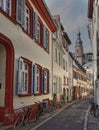 Narrow Medieval Street with Bicycles and Church, Rothenberg, Germany