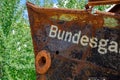 Rusted ship with the 2019 Federal Garden Show BUGA inscription in Heilbronn, Germany