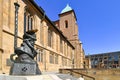 Heilbronn, Germany -  Sculpture called `Christophorus` with gothic hall church St. Kilian`s in background Royalty Free Stock Photo