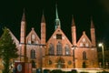 Heiligen Geist Hospital Holy Spirit Hospital in Lubeck at night, one of the oldest existing social institutions in the world and
