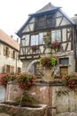 Heiligenstein (Alsace) - Fountain with flowers Royalty Free Stock Photo