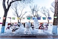 Snowman doll near Songhua frozen river, People can walk down and arrange activities