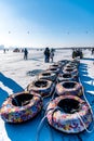 Heilongjiang Harbin China -  DEC, 29 2018 : In Winter river the turns into frozen, People can walk down and arrange activities on Royalty Free Stock Photo
