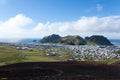 Heimaey town aerial view from Eldfell volcano.