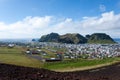 Heimaey town aerial view from Eldfell volcano