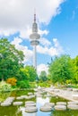 Heinirch Herz tower above Planten un Bloomen old botanical garden in Hamburg, Germany Royalty Free Stock Photo