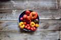 Heirloom colorful tomatoes for genuine organic mediterranean diet, copy space