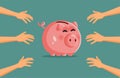 People Reaching for Savings from the Same Piggy Bank Vector Cartoon Royalty Free Stock Photo