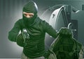 Heist and robbery - Hollywood style portrait of man in balaclava mask holding gun in front of security metal vault door in bank or Royalty Free Stock Photo