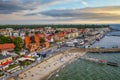 Hel, Poland - July 29, 2021: Aerial landscape of the Hel town by the sea at sunset. Poland Royalty Free Stock Photo