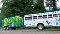 Bus with a trailer full of air tubes for the river ride the hooch