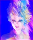 Helen of Troy, with feather hairstyle and colorful abstract effect.
