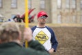 Helena, Montana - April 19, 2020: Man wearing a red Keep America Great hat at a protest over the government shutdown due to the