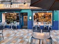 Helensburgh, Argyll and Bute, Scotland, UK, 10 19 2021: Exterior view Sugar Boat restaurant with empty tables and chairs on the