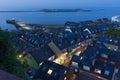 Aerial night view village Helgoland with lluminated main street