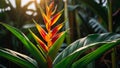 Heliconia plant buds are blooming in the sun. Close-up of beautiful lobster claw flowers in the middle of the garden with sunset. Royalty Free Stock Photo