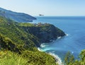 A helicopter above the hill top village of Corniglia, Italy Royalty Free Stock Photo