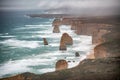 Helicopter aerial view of Twelve Apostles along Great Ocean Road during a storm - Port Campbell, Australia Royalty Free Stock Photo