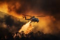 Helicopter aids firefighting by dumping water on a raging forest fire