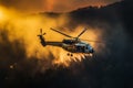 Helicopter aids firefighting by dumping water on a raging forest fire