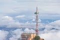 Helicopter approaching communications tower of Sant Jeroni Royalty Free Stock Photo