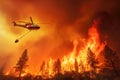 Helicopter bringing water bucket to fight the intense forest wildfire with flames reaching sky. Generative AI illustration Royalty Free Stock Photo