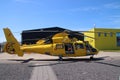 Helicopter of the coast guard in Rotterdam harbor during a drill to pick up people.