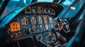 Helicopter cockpit with illuminated control panels at night Royalty Free Stock Photo