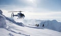 Helicopter departure of freeriders from snowy mountain summit Creating using generative AI tools