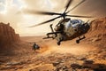 Helicopter in the desert. 3D illustration. Render, Helicopter in the desert. Military scene. 3d render, Attack helicopters flying Royalty Free Stock Photo