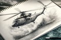 helicopter design pencil sketch flying above crystal-clear ocean