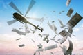 Helicopter is dropping money. Financial stimulus in economy. 3D rendered illustration Royalty Free Stock Photo