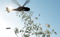 Helicopter dropping money in sky