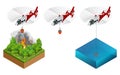 Isometric helicopter dropping water on a fire. Forest fire helicopter vector illustration Royalty Free Stock Photo