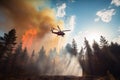 A helicopter drops water on a forest fire Royalty Free Stock Photo