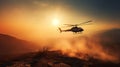 Helicopter drops water on wildfire in rugged terrain, backlit by a setting sun filtered through smoke.