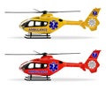 Helicopter emergency ambulance. Air ambulance. Small copters with different coloring. Realistic isolated objects on