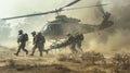 Helicopter Evacuation of Injured Soldiers by Elite Combat Unit Through Harsh Sandy Terrain Royalty Free Stock Photo