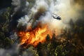 Helicopter extinguishes a fire in the forest. View from above. Helicopter Overcomes Forest Inferno. Brave firefighters