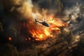 Helicopter extinguishes a fire in the forest. View from above. Helicopter Overcomes Forest Inferno. Brave firefighters