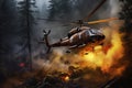 Helicopter extinguishes a fire in the forest. View from above. Helicopter Overcomes Forest Inferno. Brave firefighters