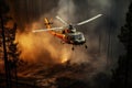 Helicopter extinguishes a fire in the forest. View from above. Helicopter Overcomes Forest Inferno. Brave firefighters