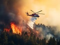 Helicopter fighting forest fire in nature. The burning flames are engulfing the trees Royalty Free Stock Photo