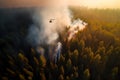 Helicopter flies over forest fire, aerial shot. Smoke above the trees Royalty Free Stock Photo