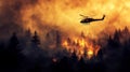 A helicopter flies over a forest fire battling the blaze with water or fire retardant The flames and smoke create a dramatic Royalty Free Stock Photo