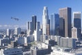 Helicopter flies over new Los Angeles skyline, Los Angeles, California