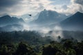 helicopter flies over smoking jungle, with view of majestic mountains in the distance