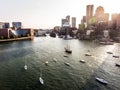 Helicopter flight Aerial view images skyline Boston MA, USA during sunset behind the skyscrapers near waterfront bay Royalty Free Stock Photo