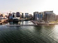 Helicopter flight Aerial view images skyline Boston MA, USA during sunset behind the skyscrapers near waterfront bay Royalty Free Stock Photo