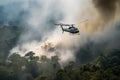 helicopter flying low over jungle, with thick smoke billowing from below Royalty Free Stock Photo